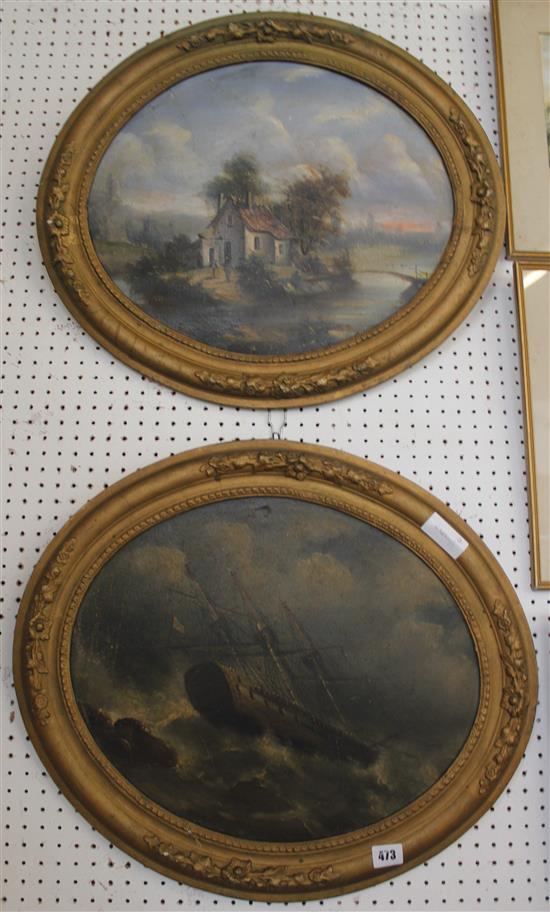 Pair of oval oil paintings or ship and cottage scenes